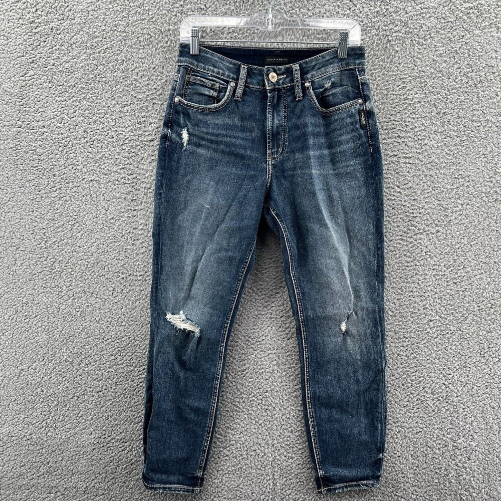 Silver Jeans Avery Skinny Crop Womens 29 X 26 Blue Stretch Denim Distressed